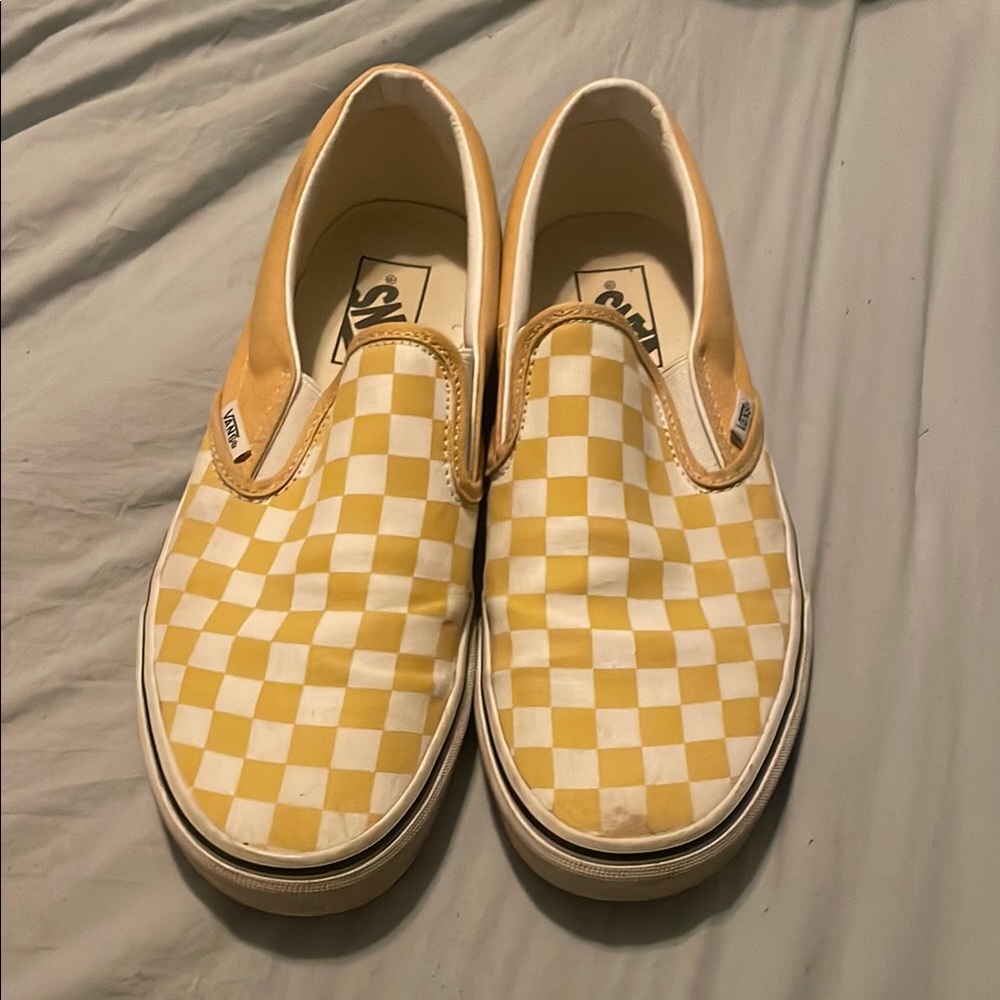 Yellow and White Checkered Slip-On Vans, Men’s 8, Women’s 9.5